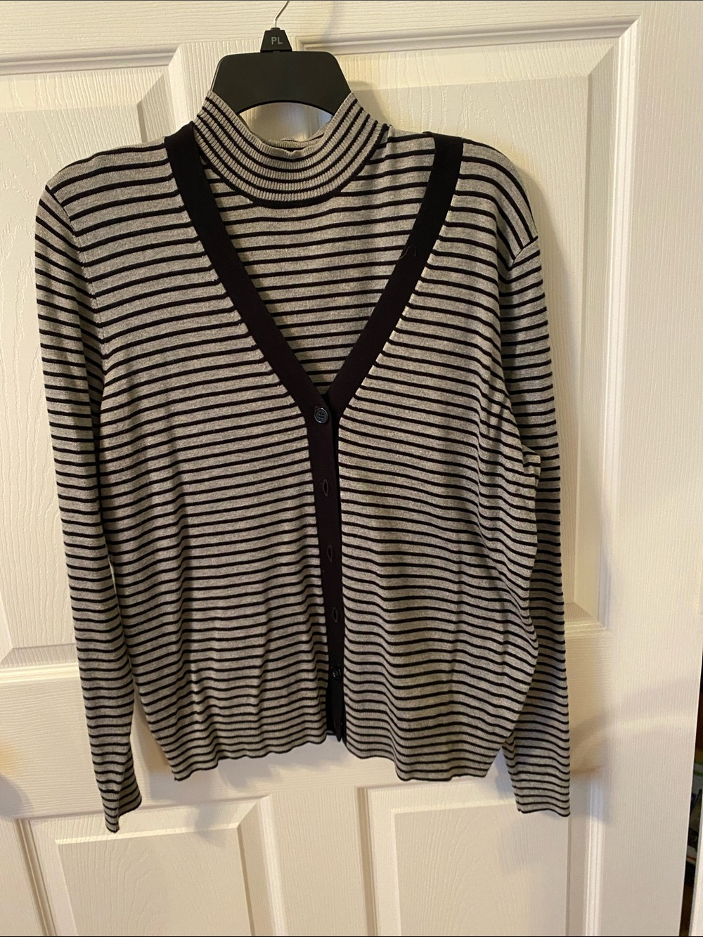Worthington Black and Gray Striped V-Neck Button Cardigan